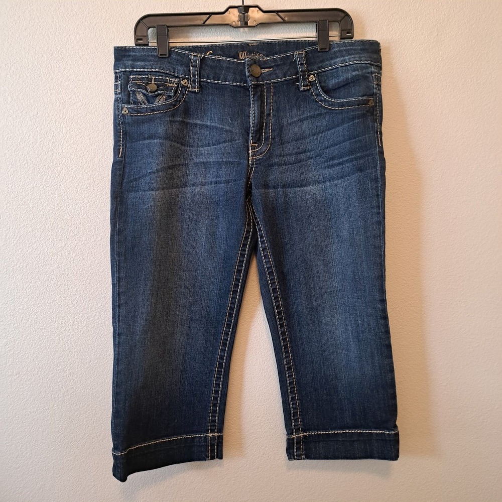 Kut from the Kloth Kate Low Rise Crop Jeans Blue Denim Embroidered Pockets Sz 10